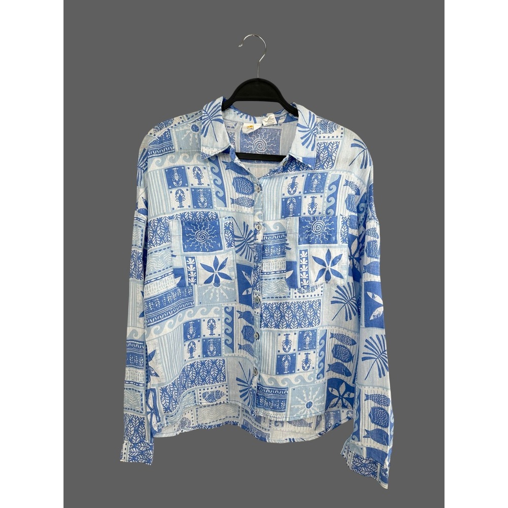 C&C California 100% Linen Blue Lobster Fish Block Print Button Down Shirt M - Picture 2 of 7